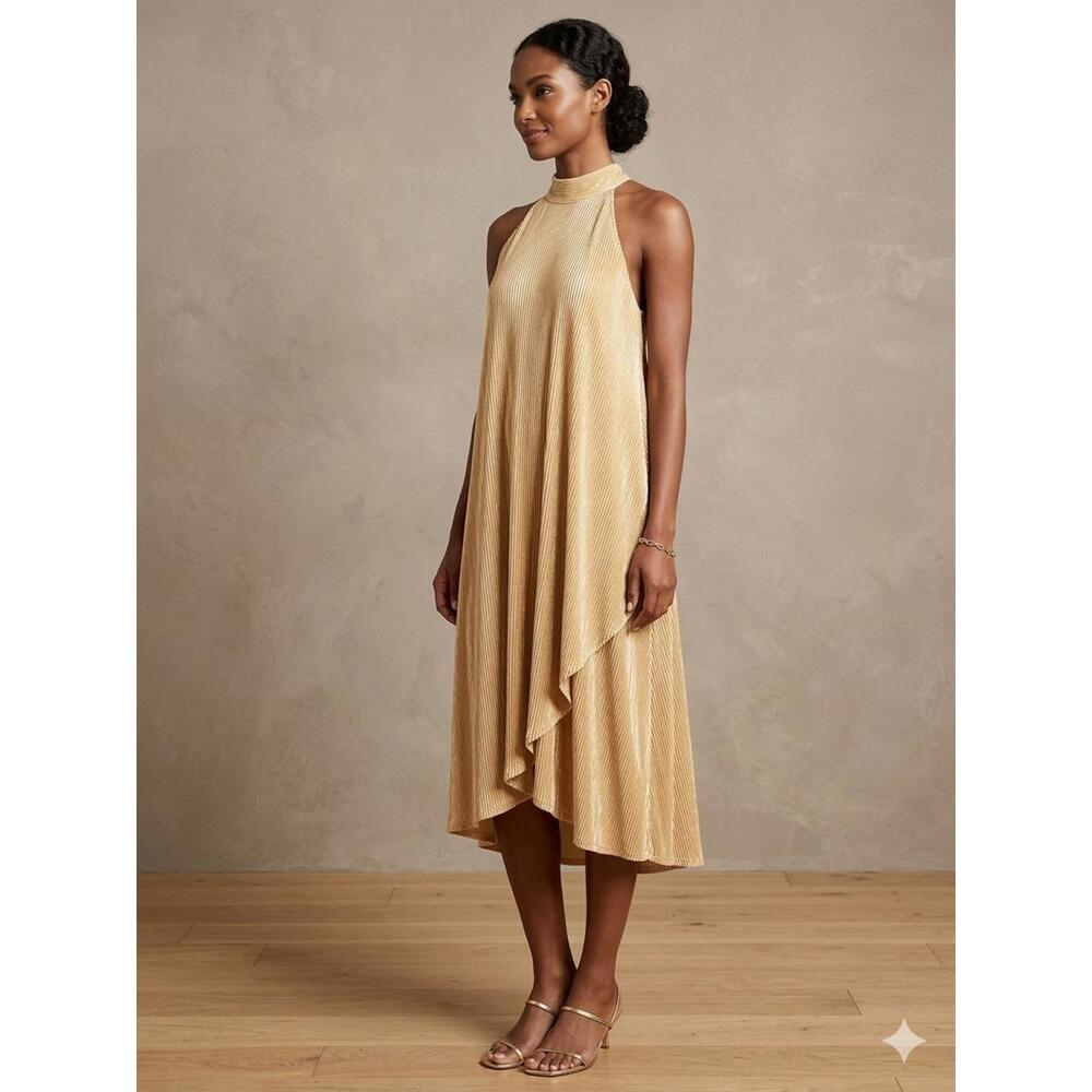 Moon River Anthropologie Gold Pleated Halter Neck Dress L